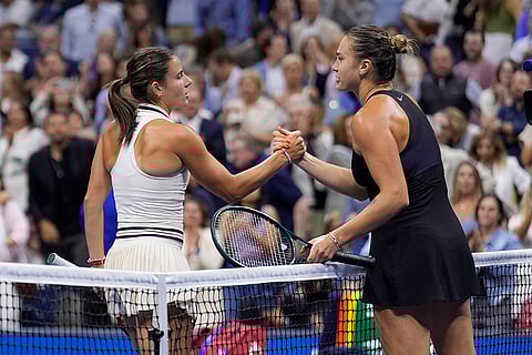 US Open Tennis Semifinal 2024: Aryna Sabalenka, right, of Belarus, shakes hands with Emma Navarro, of the United States